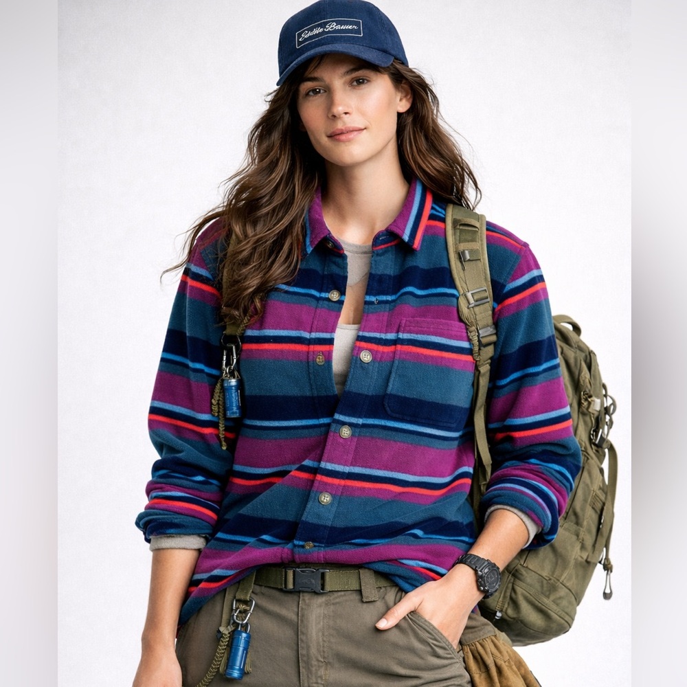 Eddie Bauer Fleece Shacket Shirt Jacket • Gorpcore Stripe • Women’s Small